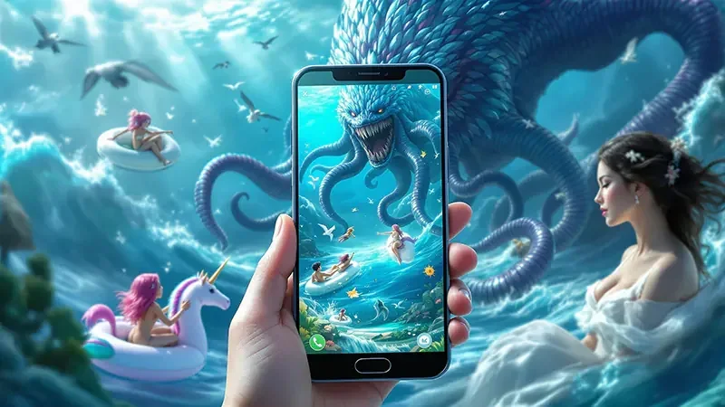 Arena tembak ikan dengan meriam dan ilustrasi laut dalam