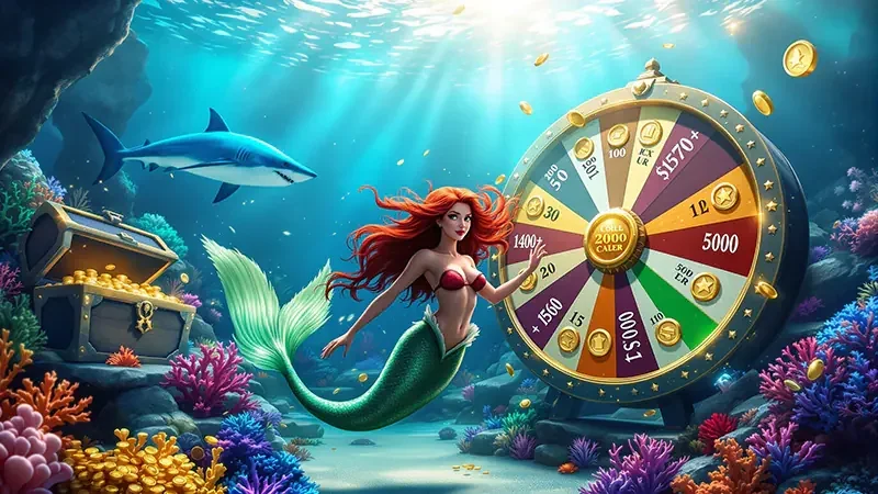 Layar permainan tembak ikan dengan beragam ikan dan efek arcade
